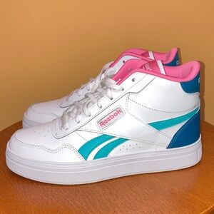 Reebok Court Advance Bold High Top White with Pink and Teal Highlights